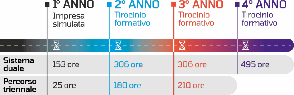 Infografica che mostra il numero di ore di formazione per anno scolastico nei percorsi Sistema duale e Percorso triennale: dal primo al quarto anno, con attività di impresa simulata e tirocini formativi.